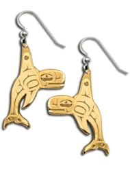 14K Yellow Gold Northwest Coast Native American Orca Earrings. Made in USA.