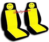 2 Black and yellow "Smiley face" car seat covers for a 2002 Toyota Camry.