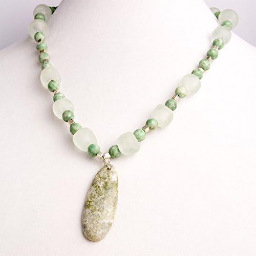 Green Jasper Pendant with Pale Green Rectangular Recycled Glass Beads and Pale Green Kiwi Stone Jasper Round Beads Necklace, Earring, and Bracelet Set