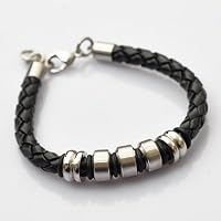 Black Platted Braided Leather Mens Bracelet 8mm With Stainless Steel Clasp By Kurtzy by Kurtzy®