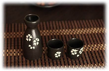 Japanese 5 Pc Sake Carafe &amp; Cup Set Black &amp; Plum flower
