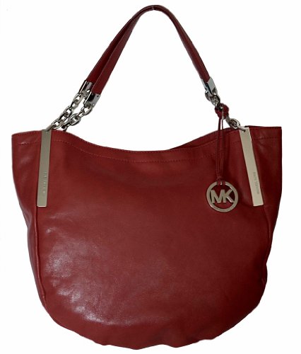 Michael Kors Red Leather Julian Large Shoulder Tote Handbag Purse