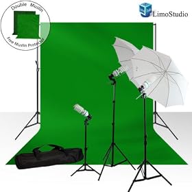 LimoStudio 600 Watt Photog Video Chroma Key Lighting Kit + 10' x 10' DOUBLE Green Chroma Key Muslin & Protector Photo Portrait Studio 33 Umbrella Continuous Lighting Kit, AGG234