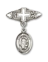 Sterling Silver Baby Badge with St. Hubert of Liege Charm and Badge Pin with Cross