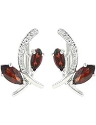 14K White Gold 1.14ct Leaves on Side Diamond & Marquise Garnet Huggie Earrings
