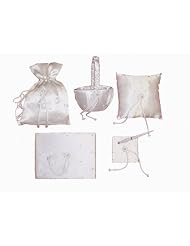 New White Satin and Pearls Flower Basket, Guest Book, Pen, Ring Pillow & Money... by BridalPetticoat