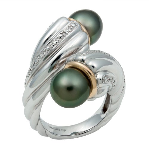 14K Yellow Gold and .925 Sterling Silver Tahitian Black Pearl and Diamond Ring TR-10082-AM