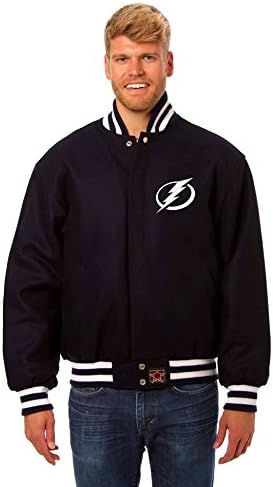 Tampa Bay Lightning Men's Wool Varsity Style Jacket with Hand Crafted Leather Team Logos (6X)