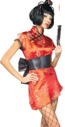 Womens Adult Sexy Asian Geisha Girl Outfit Chinese Costume with China Doll Wig Red Mini Dress