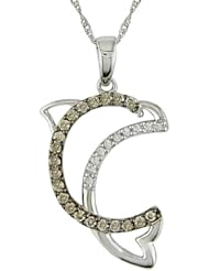 10KW 1/4ctw brown and white Accent Diamond dolphin pendant with black rhodium