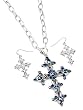 Silver Navy Blue Rhinestone Cross Pendant Necklace and Earrings Set Fashion Jewelry