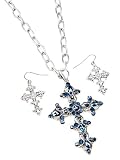 Silver Navy Blue Rhinestone Cross Pendant Necklace and Earrings Set Fashion Jewelry
