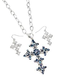 Silver Navy Blue Rhinestone Cross Pendant Necklace and Earrings Set Fashion Jewelry
