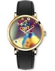 SPRAWL Aanalog Fashion Series Gold Ladies Watches of Genuine Black Leather Strap,Unique Wrist Watch for Women Girls Designed with Colorful paper flowers