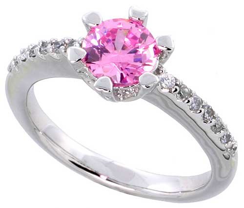Sterling Silver Vintage Style Engagement ring, w/ a 6mm (.75 ct) Round Pink-colored CZ Stone, 5/16″ (8mm) wide, size 8