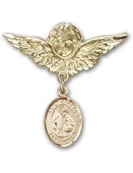 14K Gold Baby Badge with St. Albert the Great Charm and Angel with Wings Badge Pin