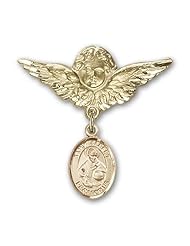 Gold Filled Baby Badge with St. Albert the Great Charm and Angel W/wings Badge Pin. Catholic Saint Albert the Great Patron Saint of Medical Technicians, Scientists, Universal Church, Philosophers