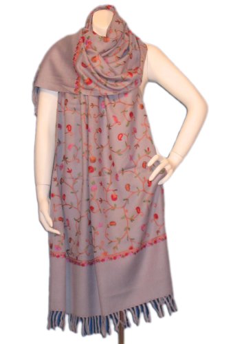 Full Ari Work on Soft Woolen Shawl or Wrap from India   Gray with intricate Ari work