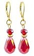 Earrings - E118 - Faceted Fire Polished Glass Hung on Gold Plated Leverbacks ~ Siam Red Iridescent Teardrop