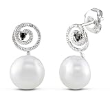 Sterling Silver 9-9.5mm Freshwater Cultured Pearl and Black Diamond Ear-Pin Earrings, (.04 cttw, I3 Clarity)