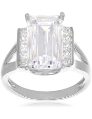 Sterling Silver Simulated Diamond Emerald Shape Center and Square Side Stones Ring, Size 7