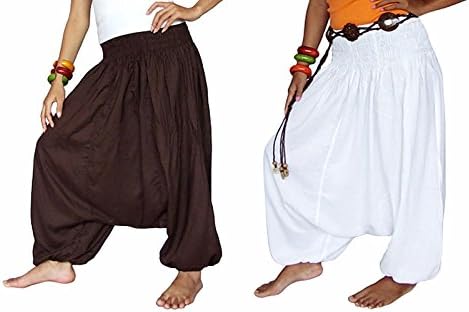 2 X Drop Crotch Harem Workout Pants Women Loose Baggy Pants Indian Aladin Bohemian Style Dark Brown and White Color