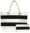 Cotton Canvas Black Striped Zip Purse and Tote Bag with Cotton Rope Handle 21 1/2"x14 1/2"