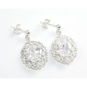 925 Sterling Silver Cubic Zirconia Filigree Dangle Earrings Comes Gift Boxed