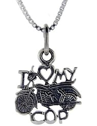 Sterling Silver I Love My Motorcycle Cop Talking Pendant, 1 inch wide