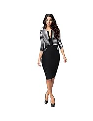 Sexy Houndstooth Print Knee Length Cotton/Polyester 3/4 Sleeves Vintage Bodycon Dress 