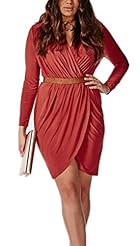V-neck Long Sleeves Gathered Belted Natural   Waistline Bodycon Dress 