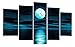 Ode-Rin Art Christmas Gift Hand Painted Oil Paintings Full Moon On The Sea Deep Blue Night 5 Panels Wood Framed Inside For Living Room Art Work Home Decoration