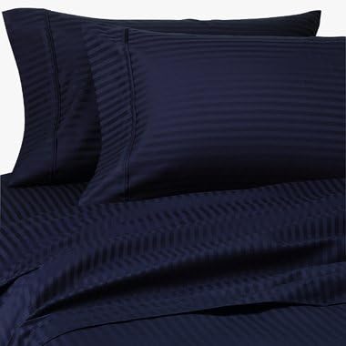 7 pc Dark Blue (Navy) Damask Stripe Olympic Queen Size Bed Sheet-Duvet Cover Sheet Set. 600 Thread 100% Egyptian Cotton