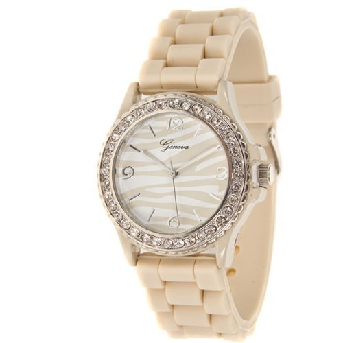 Mens & Womens Beige Zebra Silicone Crystal Large Face Watch Geneva