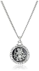 Stainless Steel Curb-Chain Necklace with Round Sterling Silver Saint Christopher Pendant, 20"