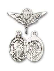 Sterling Silver Baby Badge with St. Benedict Charm and Angel w/Wings Badge Pin