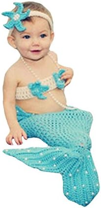 Liange Newborn Baby Photography Prop Crochet Knitted Mermaid Hairband Bra Tail Set Blue