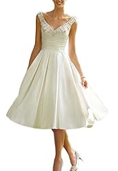 A-line V-neck Beaded Tea Length Wedding Dress 