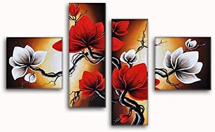 Unixtyle Hand-painted Oil Painting Full Bloom in Spring Red Flowers Decorations Stretched and Framed Artwork Ready to Hang Wall Decor for Living Room 4 Pcs/set