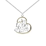 Sterling Silver + 18kt Gold over Silver Small WE LOVE MOM Two Tone Heart Pendant on 16-18in Necklace