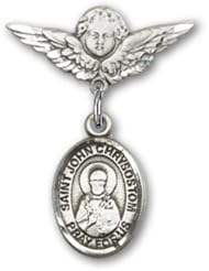 Sterling Silver Baby Badge with St. John Chrysostom Charm and Angel with Wings Badge Pin