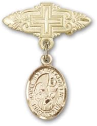 14K Gold Baby Badge with St. Mary Magdalene Charm and Badge Pin with Cross