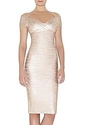 A-line V-neck Striped Print Lace Off the Shoulder Short Sleeves Cocktail Knee Length Short Polyester/Silk/Spandex Bandage Dress/Evening Dress/Prom Dress/Wedding Party Dress 