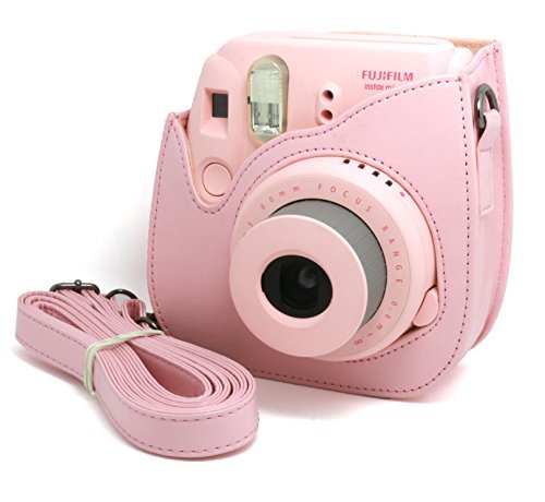 Woodmin Pink PU Leather fuji mini case bag for Fujifilm Instax Mini 8 case + Free Shoulder Strap