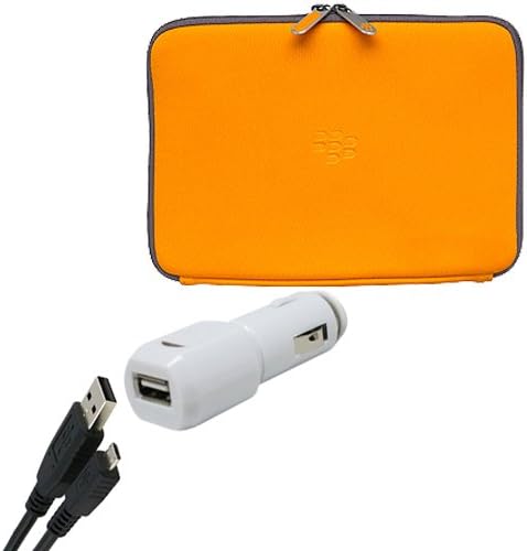 BlackBerry Orange Neoprene Zip Sleeve Case with Malcom Distributors White 2.1A Universal USB Vehicle Cigarette Lighter VPA DC Car Charger Adapter and Blackberry micro USB Charge Data Cable for Blackberry PlayBook