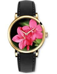 SPRAWL Aanalog Fashion Series Gold Ladies Watches of Genuine Black Leather Strap,Unique Wrist Watch for Women Girls Designed with red Flowers
