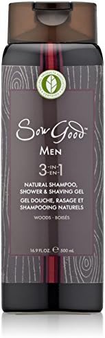 Sow Good 3-in-1 Natural Shampoo, Shower and Shaving Gel for Men, Woods, 16.9 Fluid Ounce
