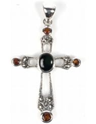 Sterling Silver Marcasite Vintage Cross Pendant Fashion Charm Pure 925 New 46mm with 0.8mm Snake Chain