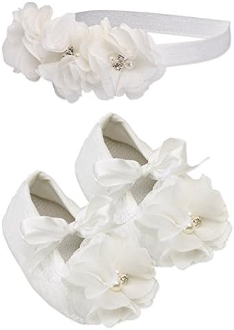 From Our "Petals" Collection This Precious Baptism/christening Shoe with Headband Set Is Adorned with a Dainty Flower and Accented with Pearls and Rhinestones. These Make the Perfect Accessory for Her Special Day. A Keepsake She Will Treasure Forever! (Ivory)