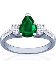 14K White Gold Pear Cut Emerald Ring With Sidestones